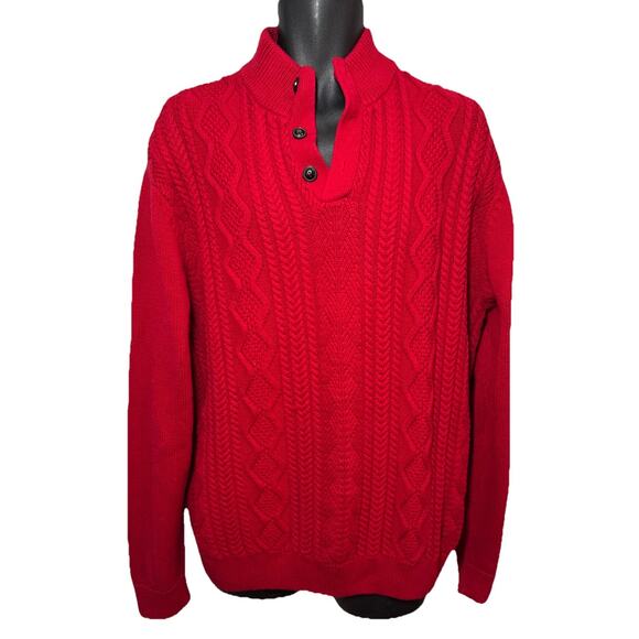 Chaps Men Sz XL Red Sweater Quarter Button Mock Neck Cable Knit Sweater Dad - Picture 1 of 15